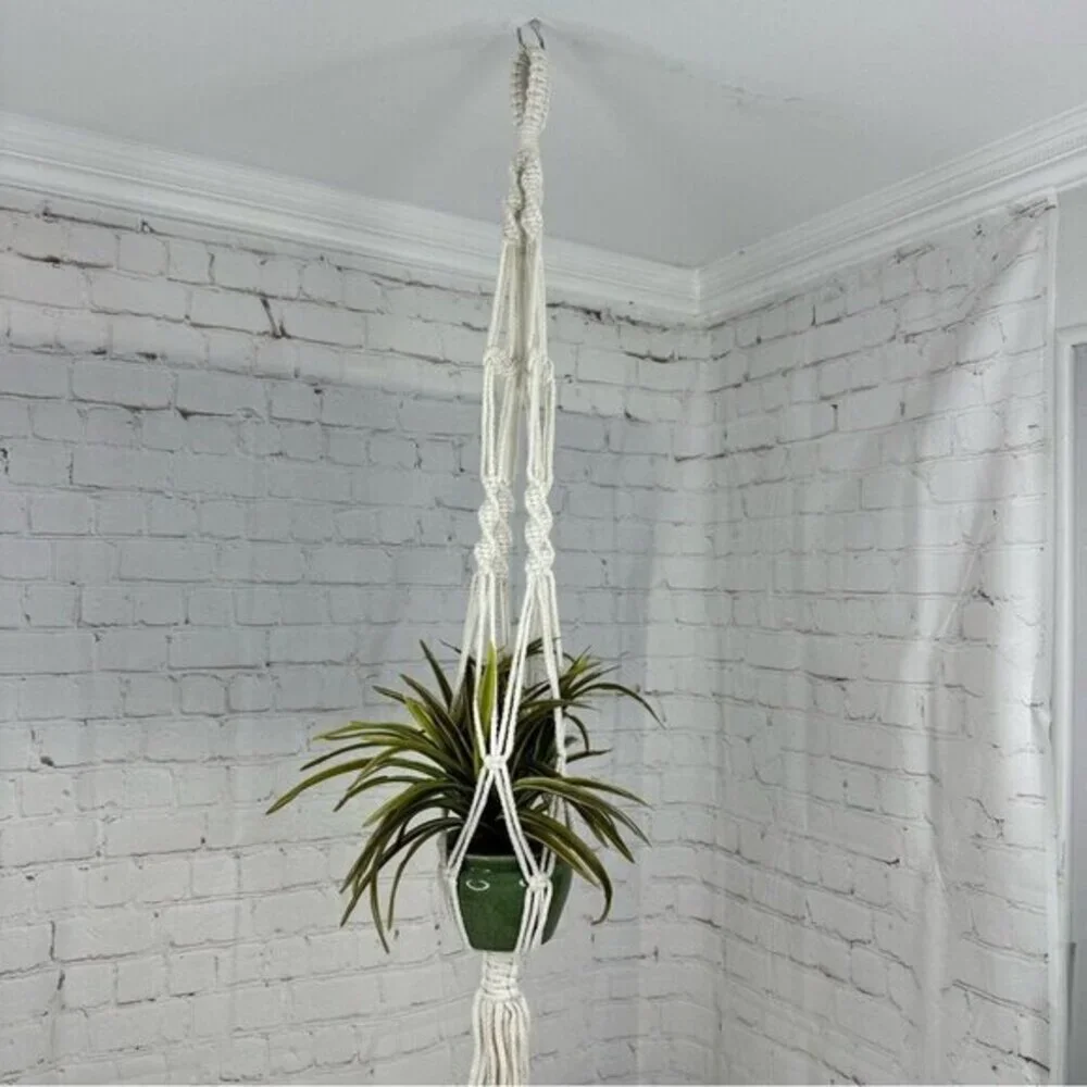 Lot of 4 Macrame Plant Hangers‎ Off White Cotton Boho Beaded Indoor Outdoor NEW